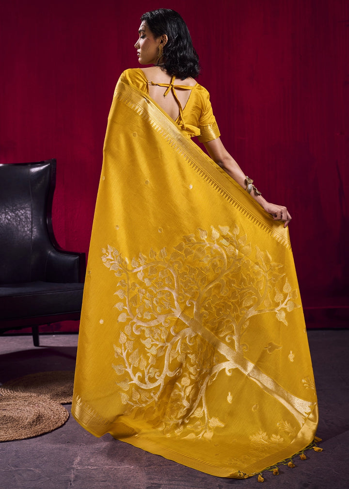 Mustard Yellow Handloom Woven Satin Silk Saree with Rich Traditional Weave