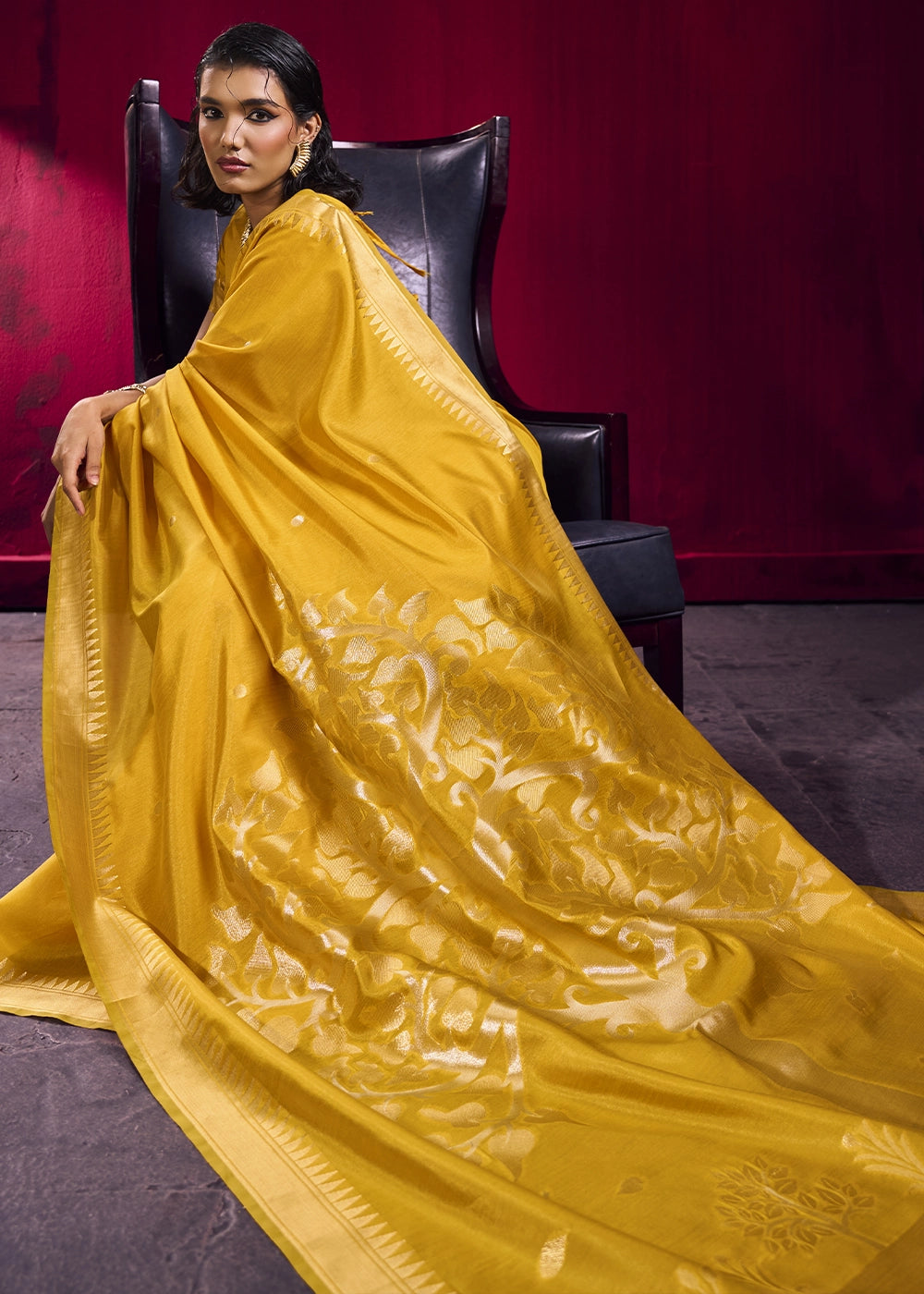 Mustard Yellow Handloom Woven Satin Silk Saree with Rich Traditional Weave