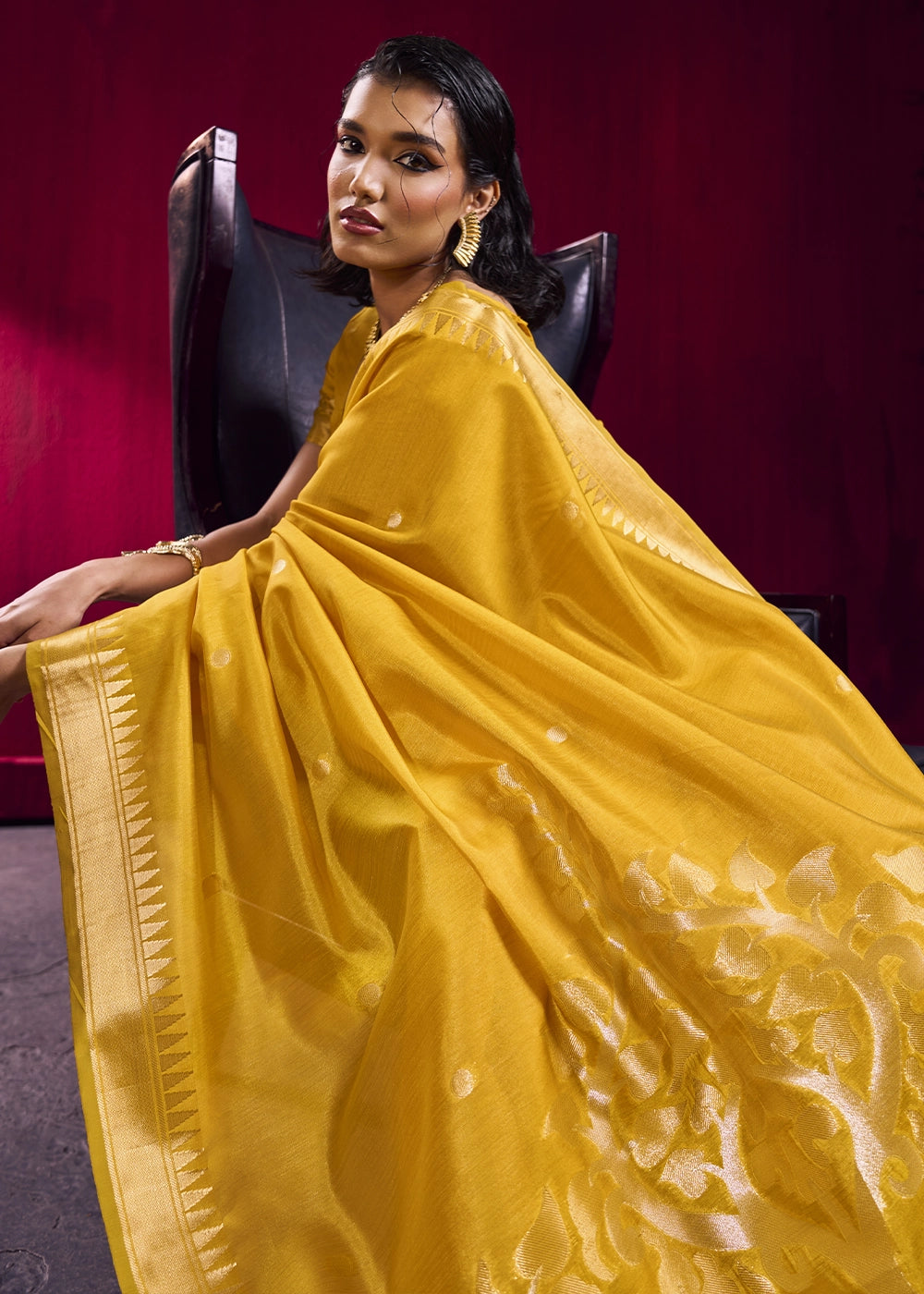 Mustard Yellow Handloom Woven Satin Silk Saree with Rich Traditional Weave