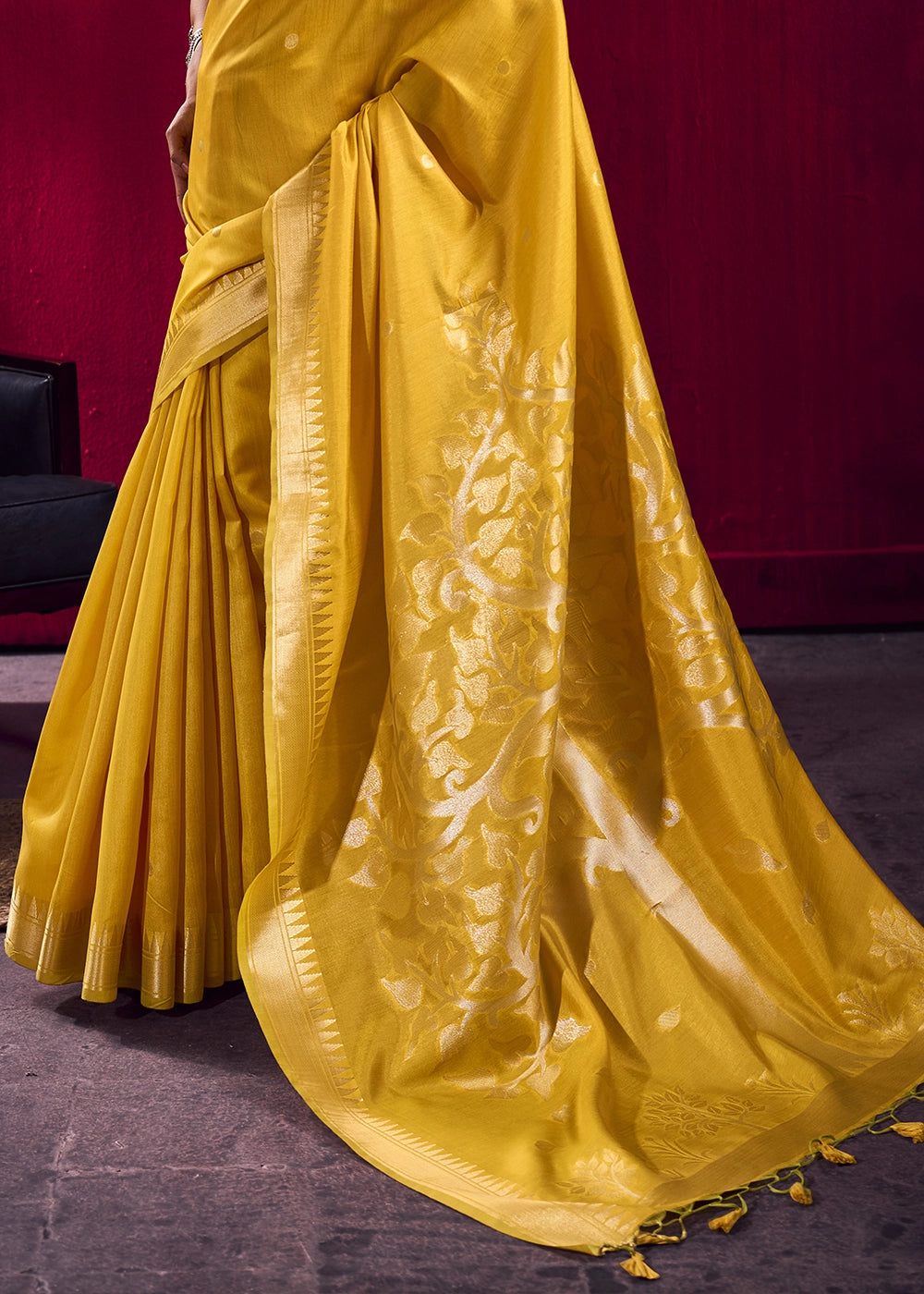 Mustard Yellow Handloom Woven Satin Silk Saree with Rich Traditional Weave