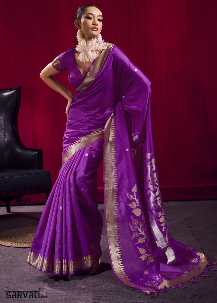 French Purple Handloom Woven Satin Silk Saree with Rich Traditional Weave