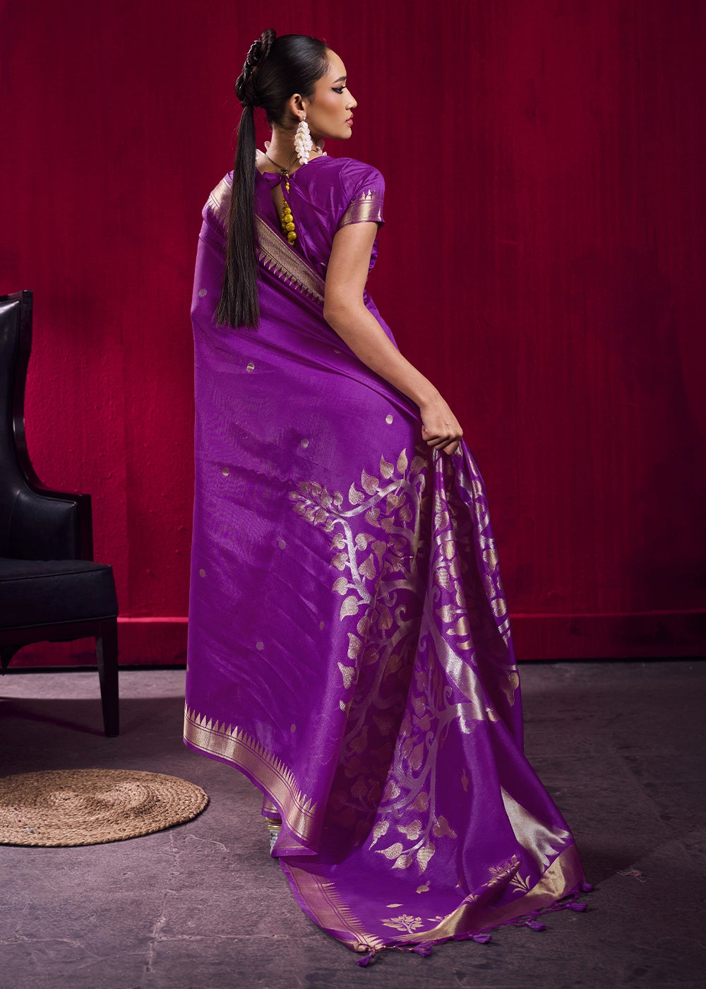 French Purple Handloom Woven Satin Silk Saree with Rich Traditional Weave