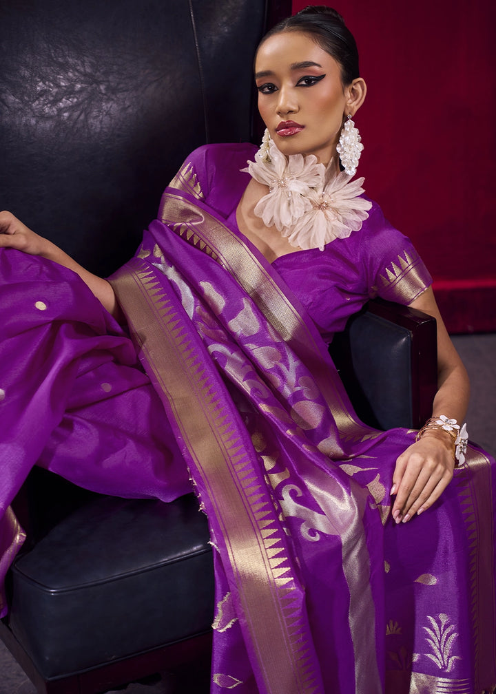 French Purple Handloom Woven Satin Silk Saree with Rich Traditional Weave