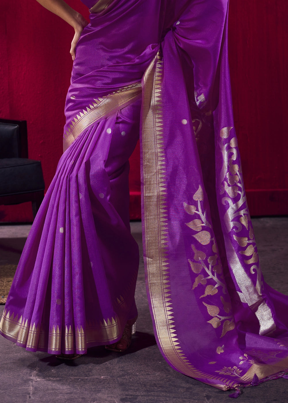 French Purple Handloom Woven Satin Silk Saree with Rich Traditional Weave