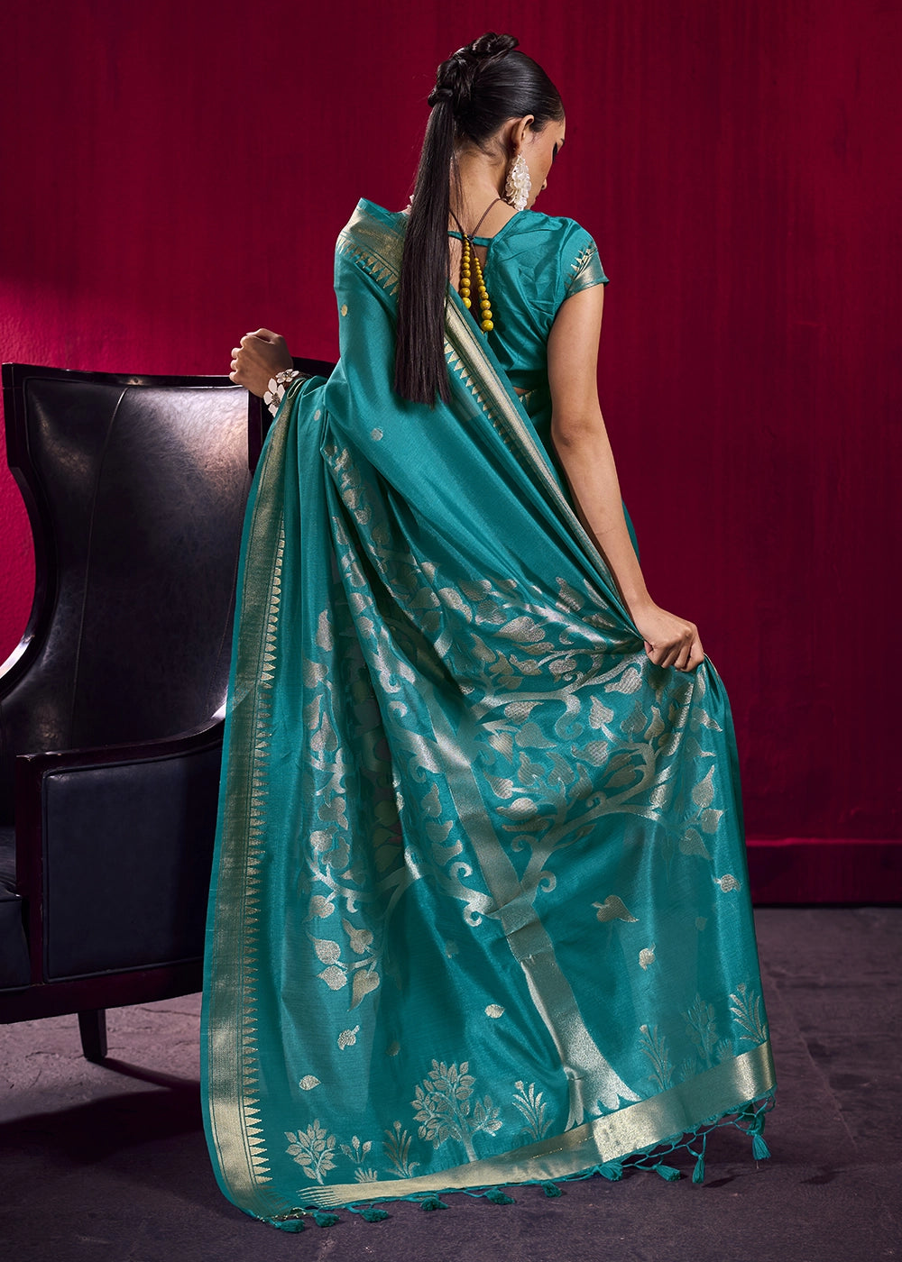 Dark Cerulean Blue Handloom Woven Satin Silk Saree with Rich Traditional Weave