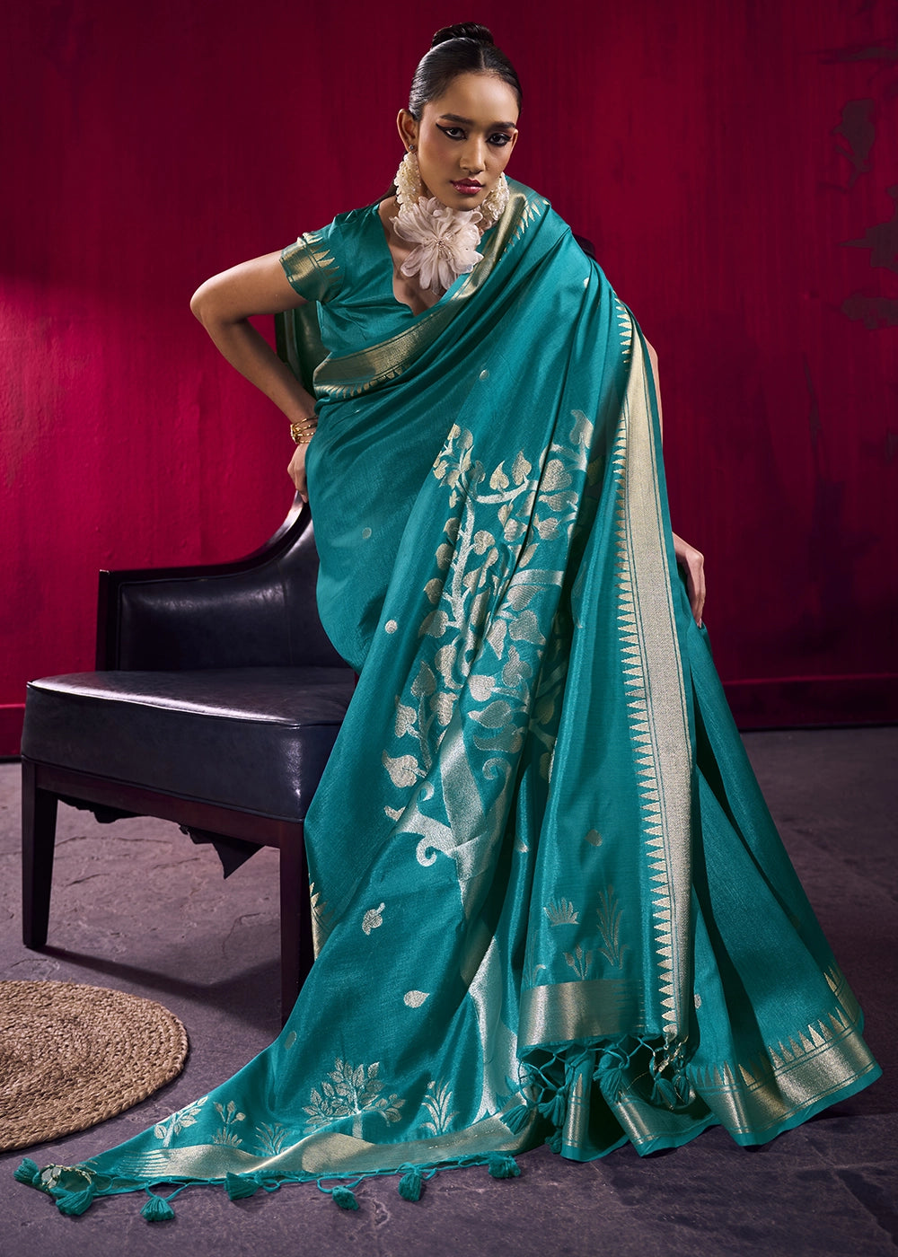 Dark Cerulean Blue Handloom Woven Satin Silk Saree with Rich Traditional Weave