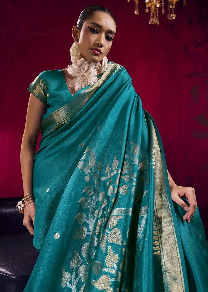 Dark Cerulean Blue Handloom Woven Satin Silk Saree with Rich Traditional Weave