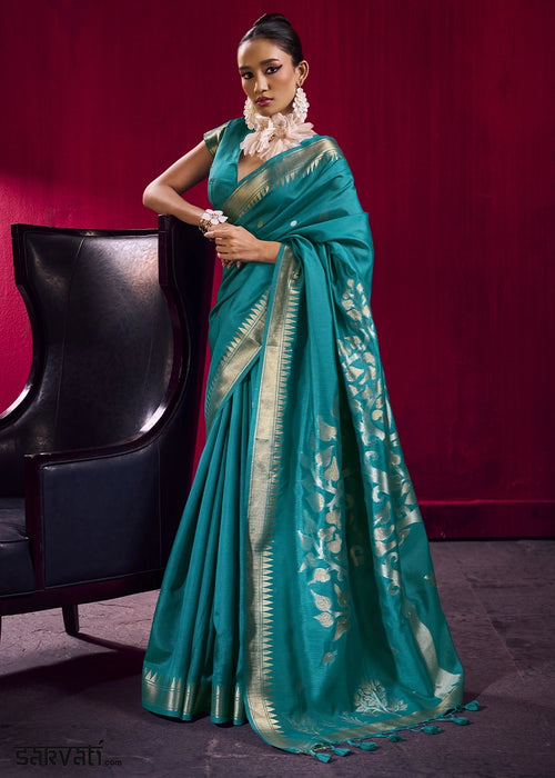 Dark Cerulean Blue Handloom Woven Satin Silk Saree with Rich Traditional Weave