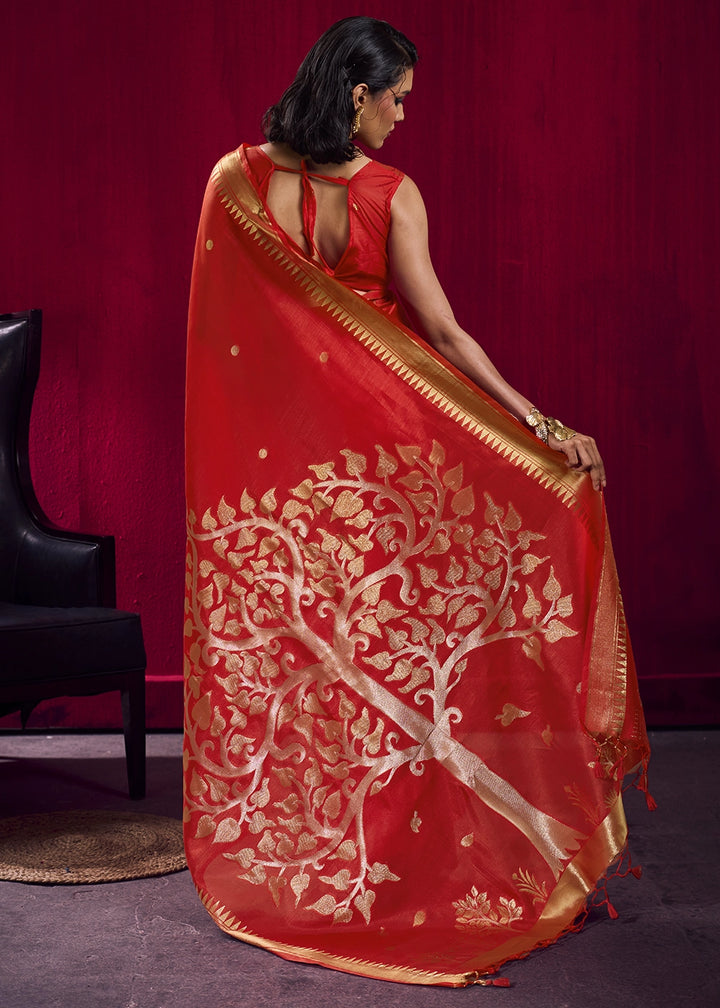 Candy Red Handloom Woven Satin Silk Saree with Rich Traditional Weave