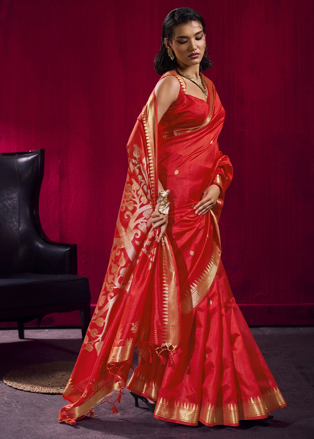 Candy Red Handloom Woven Satin Silk Saree with Rich Traditional Weave