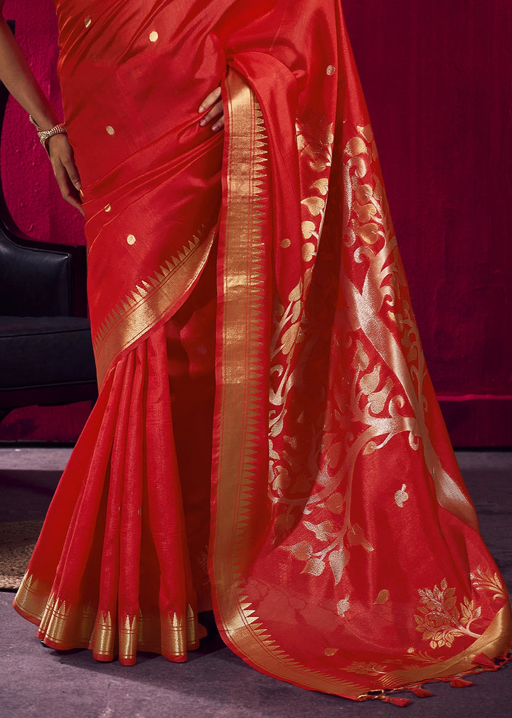 Candy Red Handloom Woven Satin Silk Saree with Rich Traditional Weave