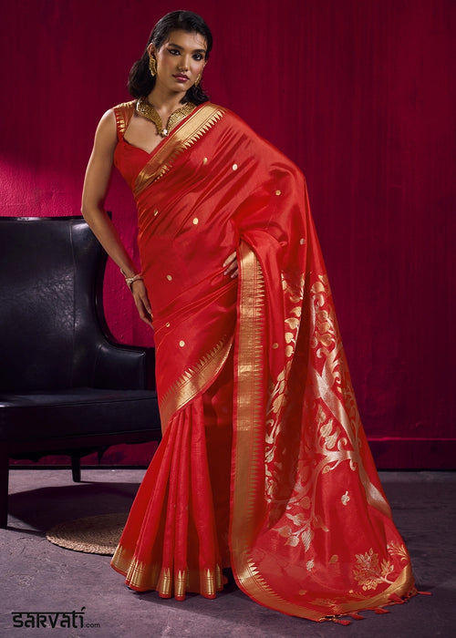 Candy Red Handloom Woven Satin Silk Saree with Rich Traditional Weave
