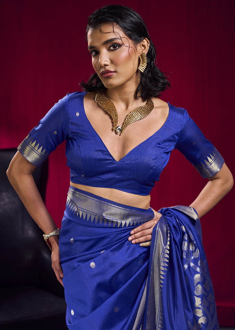 Royal Blue Handloom Woven Satin Silk Saree with Rich Traditional Weave