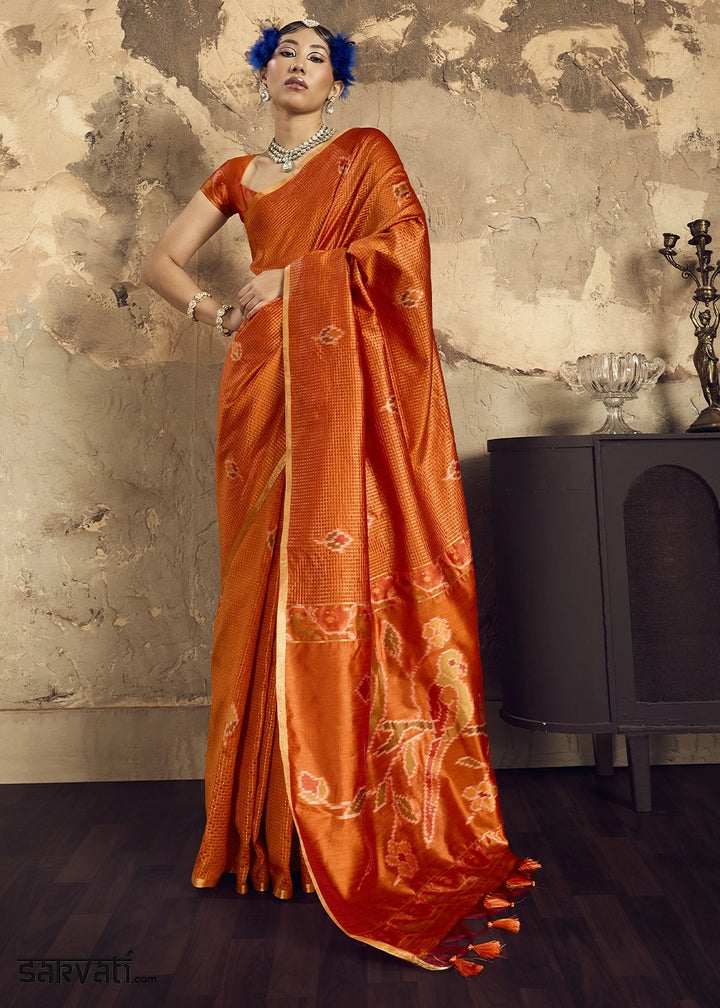 Orange Handloom Weaving Silk Saree with Floral Pallu
