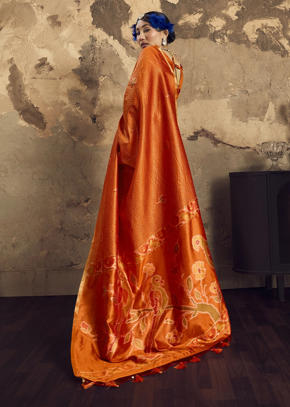 Orange Handloom Weaving Silk Saree with Floral Pallu