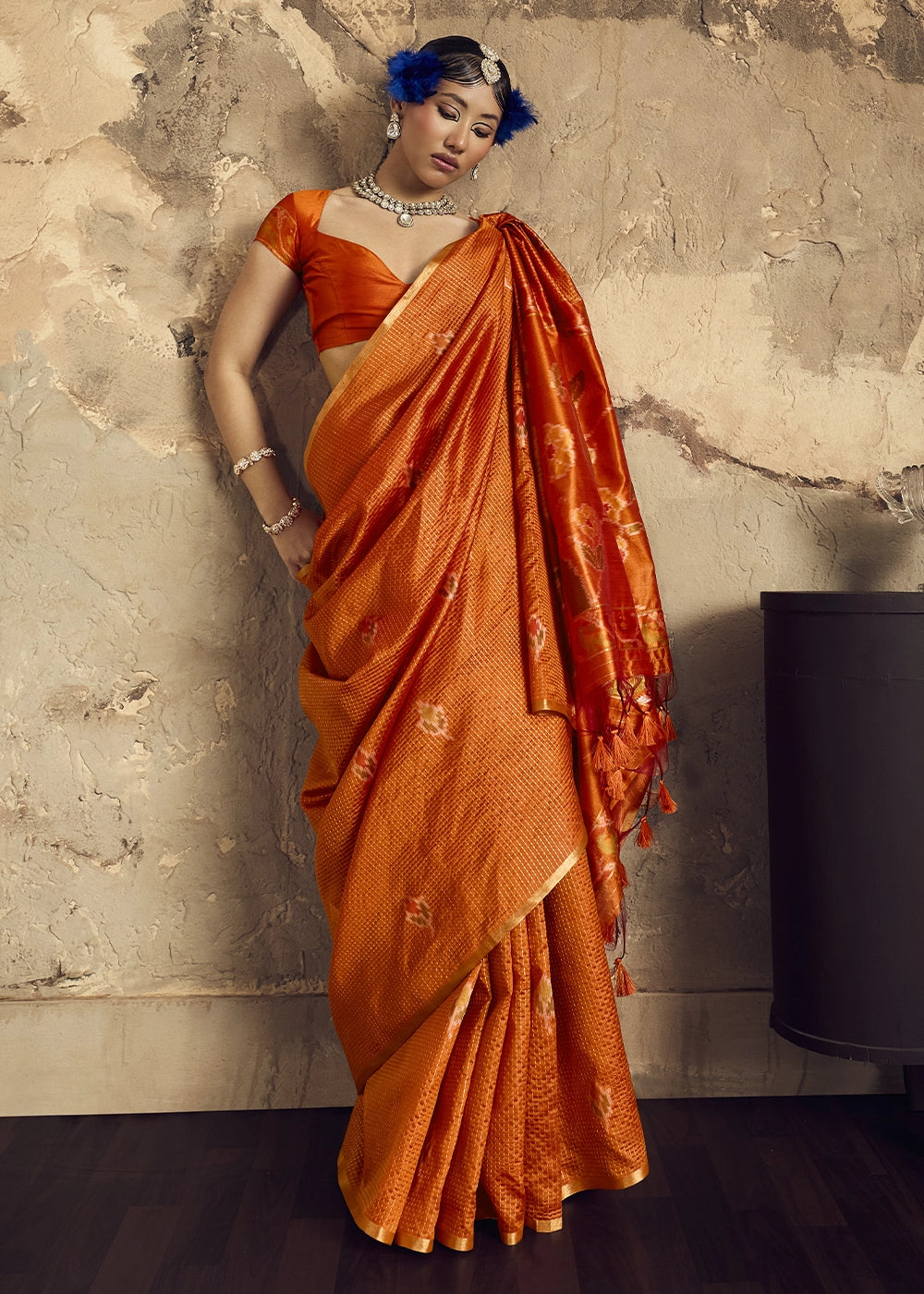 Orange Handloom Weaving Silk Saree with Floral Pallu