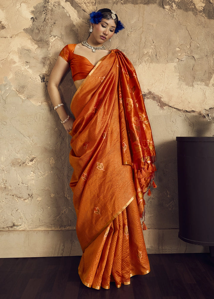 Orange Handloom Weaving Silk Saree with Floral Pallu