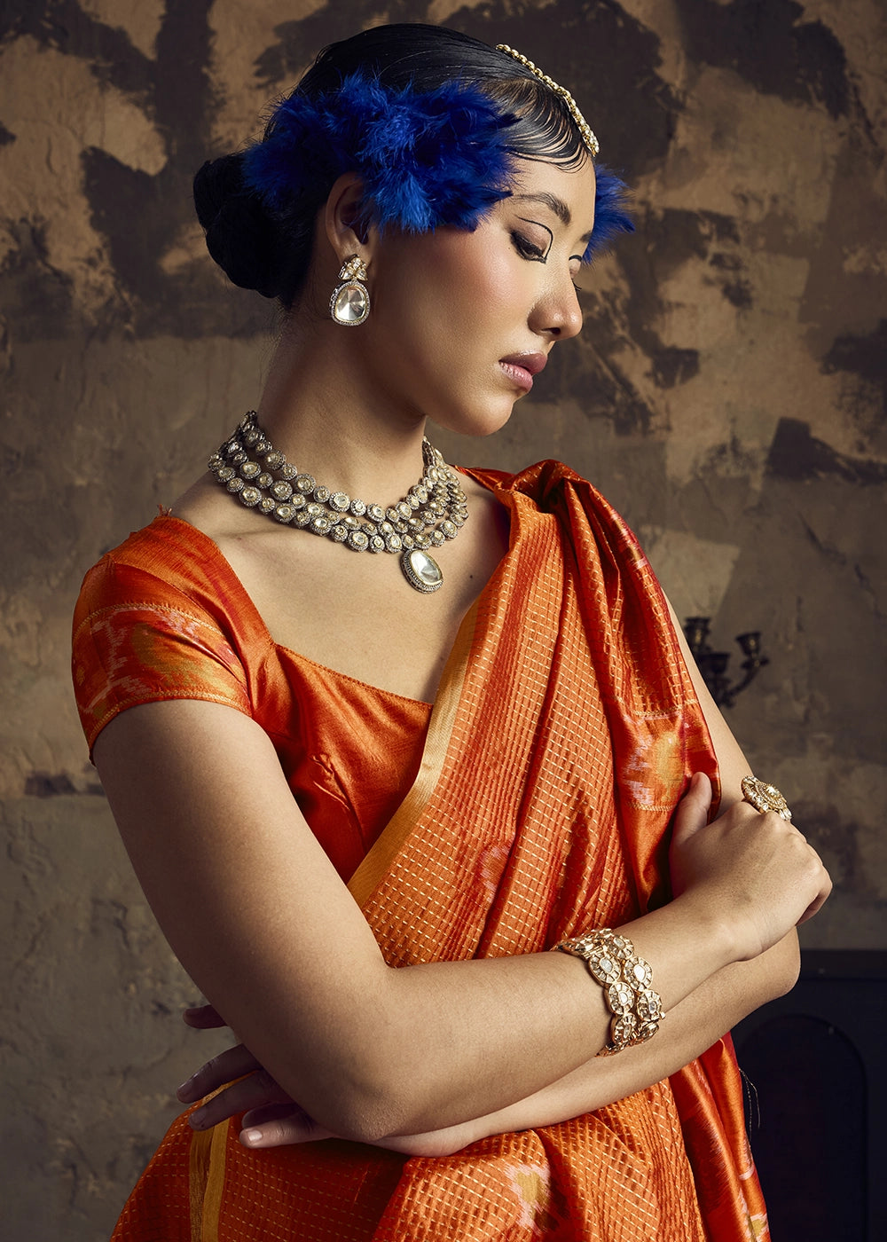 Orange Handloom Weaving Silk Saree with Floral Pallu