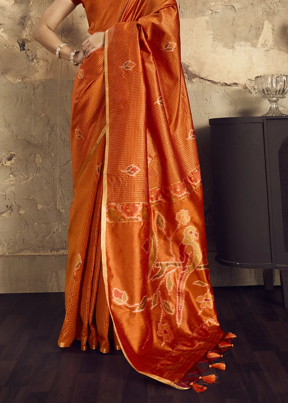Orange Handloom Weaving Silk Saree with Floral Pallu