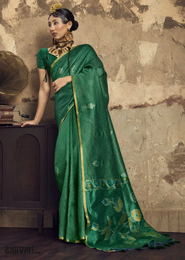 Emerald Green Handloom Weaving Silk Saree with Floral Pallu