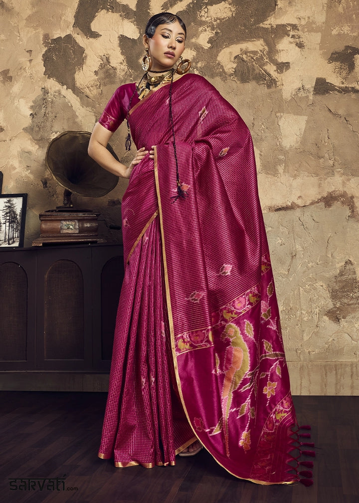 Rani Pink Handloom Weaving Silk Saree with Floral Pallu