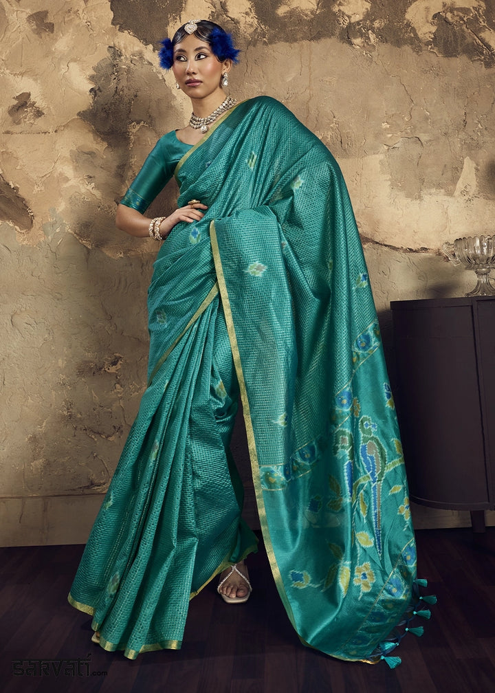 Teal Green Handloom Weaving Silk Saree with Floral Pallu