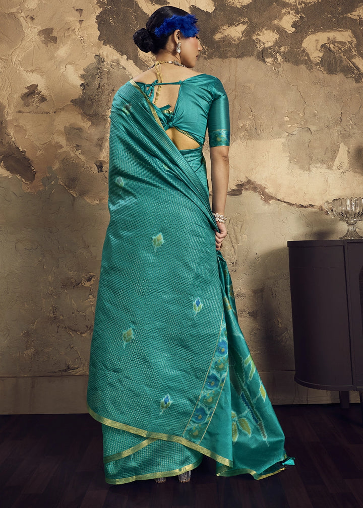 Teal Green Handloom Weaving Silk Saree with Floral Pallu