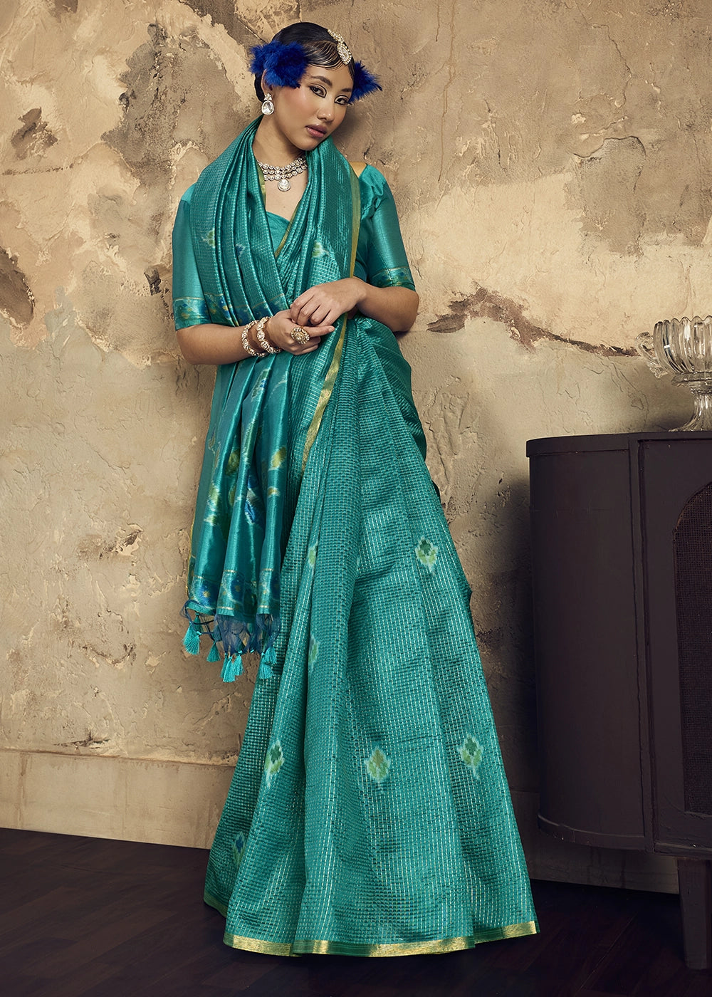 Teal Green Handloom Weaving Silk Saree with Floral Pallu