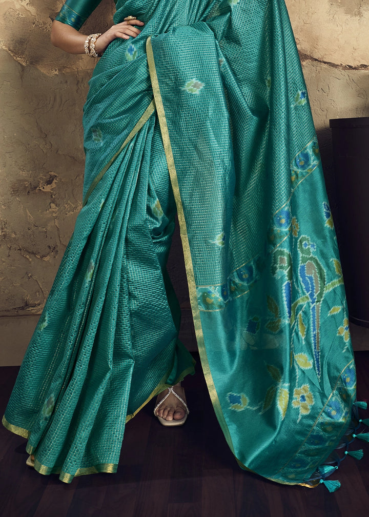 Teal Green Handloom Weaving Silk Saree with Floral Pallu