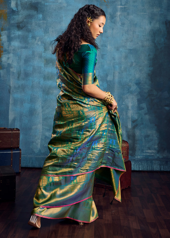 Teal Green Handloom Weaving Silk Saree with Blouse