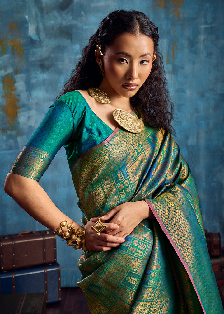 Teal Green Handloom Weaving Silk Saree with Blouse