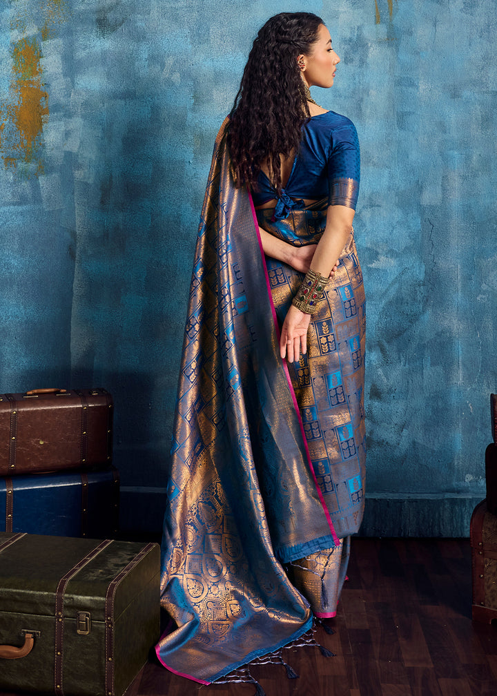Steel Blue Handloom Weaving Silk Saree with Blouse