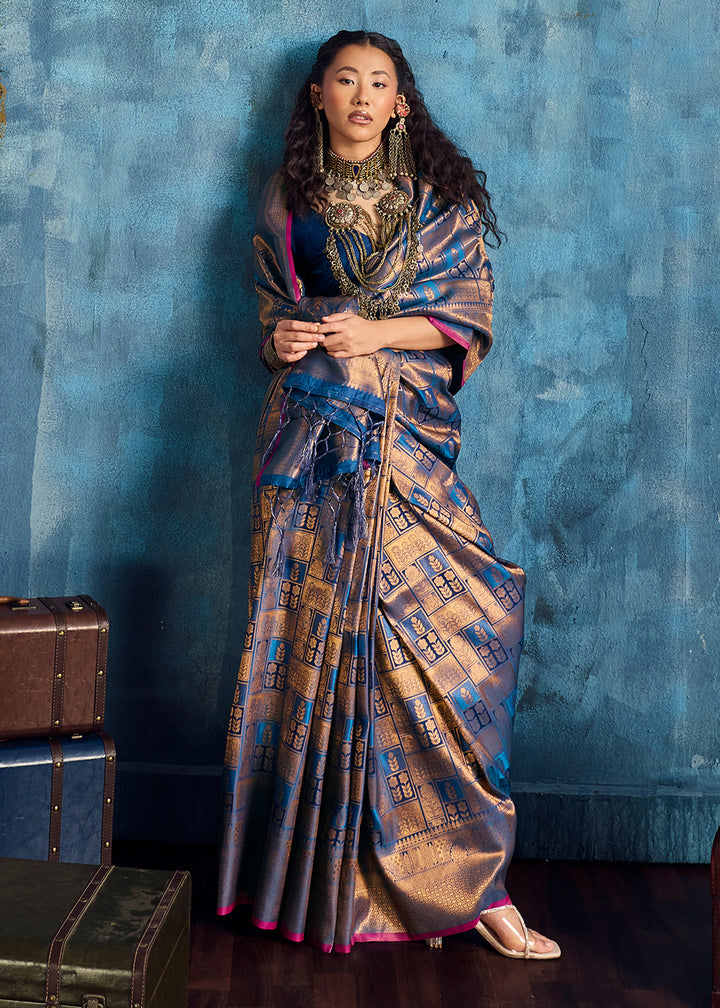 Steel Blue Handloom Weaving Silk Saree with Blouse