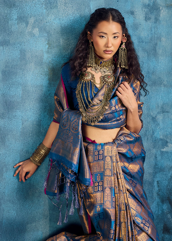 Steel Blue Handloom Weaving Silk Saree with Blouse