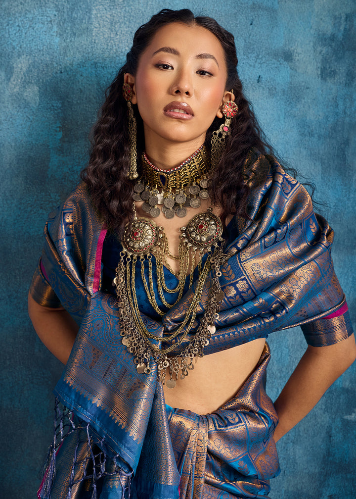 Steel Blue Handloom Weaving Silk Saree with Blouse