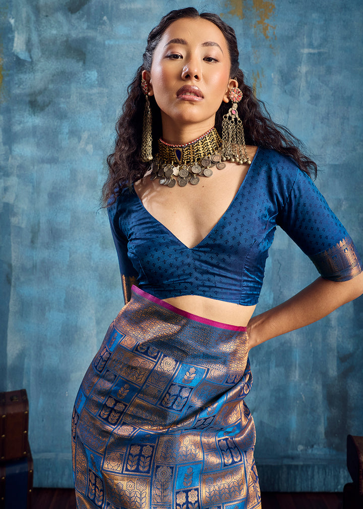 Steel Blue Handloom Weaving Silk Saree with Blouse