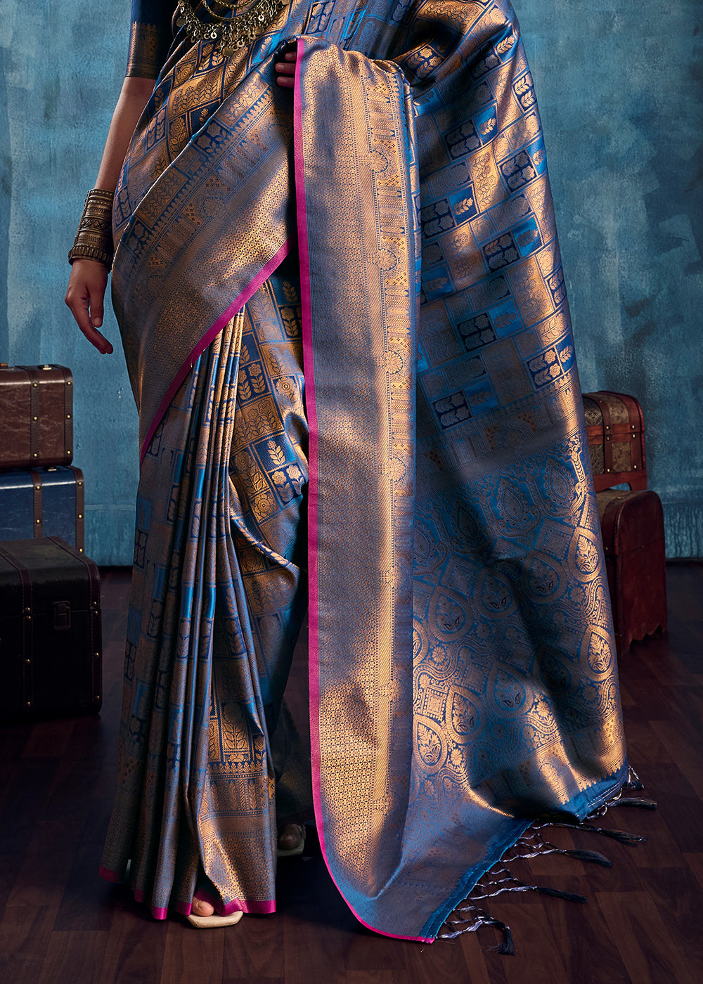 Steel Blue Handloom Weaving Silk Saree with Blouse