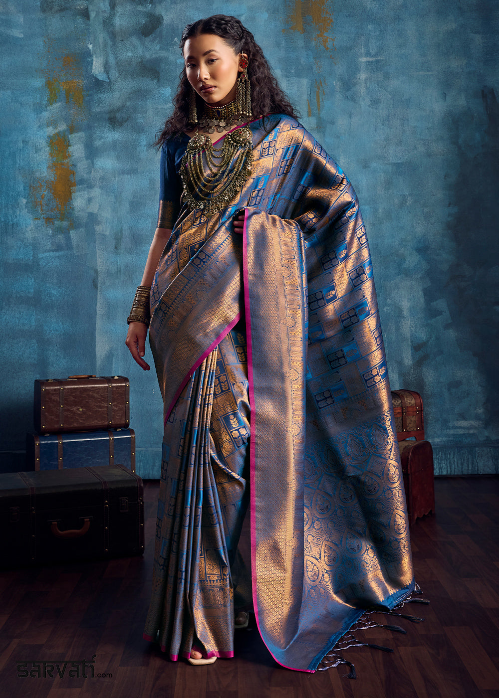 Steel Blue Handloom Weaving Silk Saree with Blouse