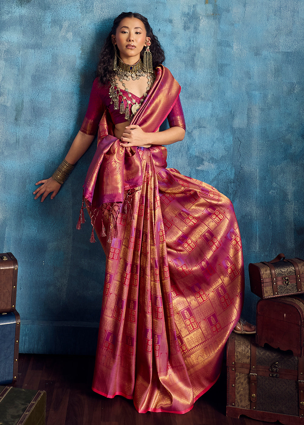 Rose Pink Handloom Weaving Silk Saree with Blouse