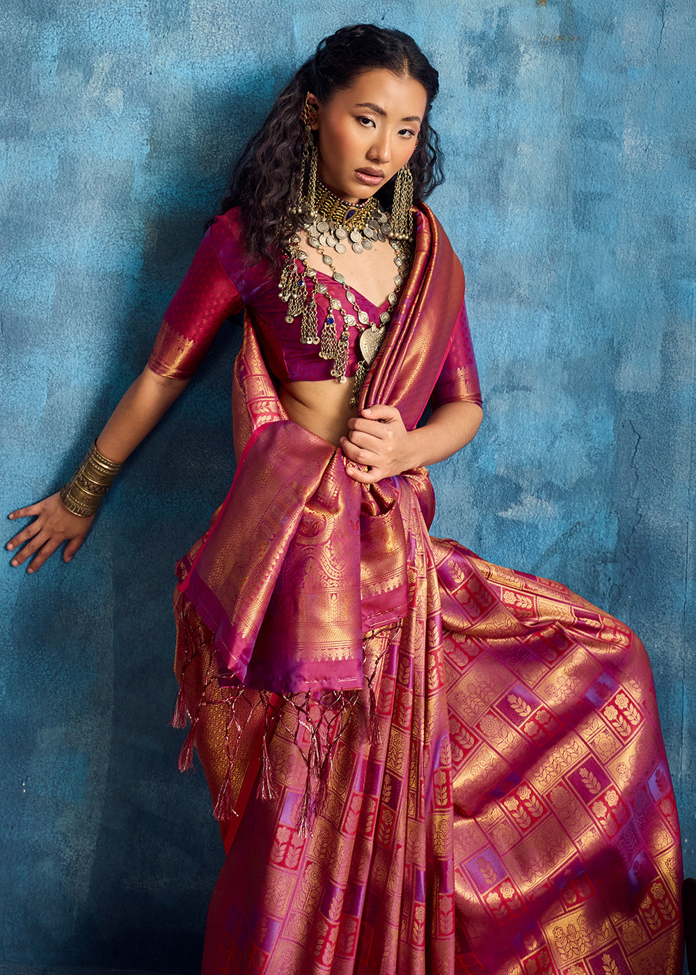 Rose Pink Handloom Weaving Silk Saree with Blouse