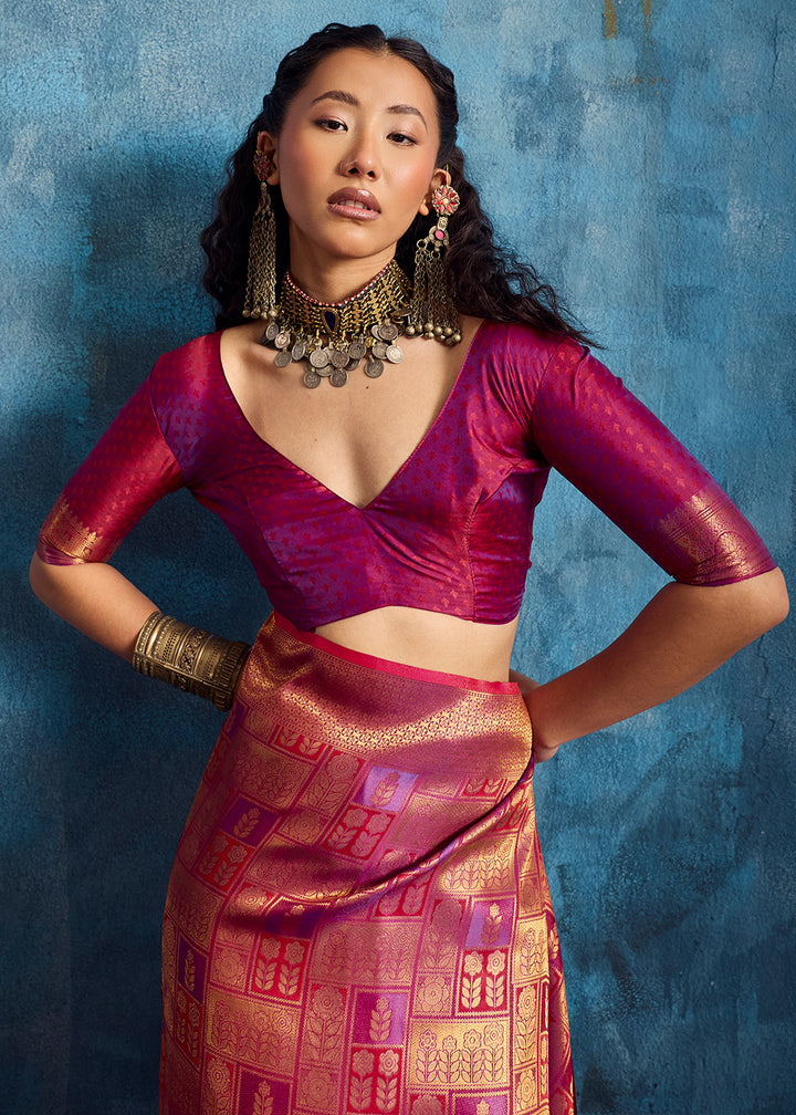 Rose Pink Handloom Weaving Silk Saree with Blouse