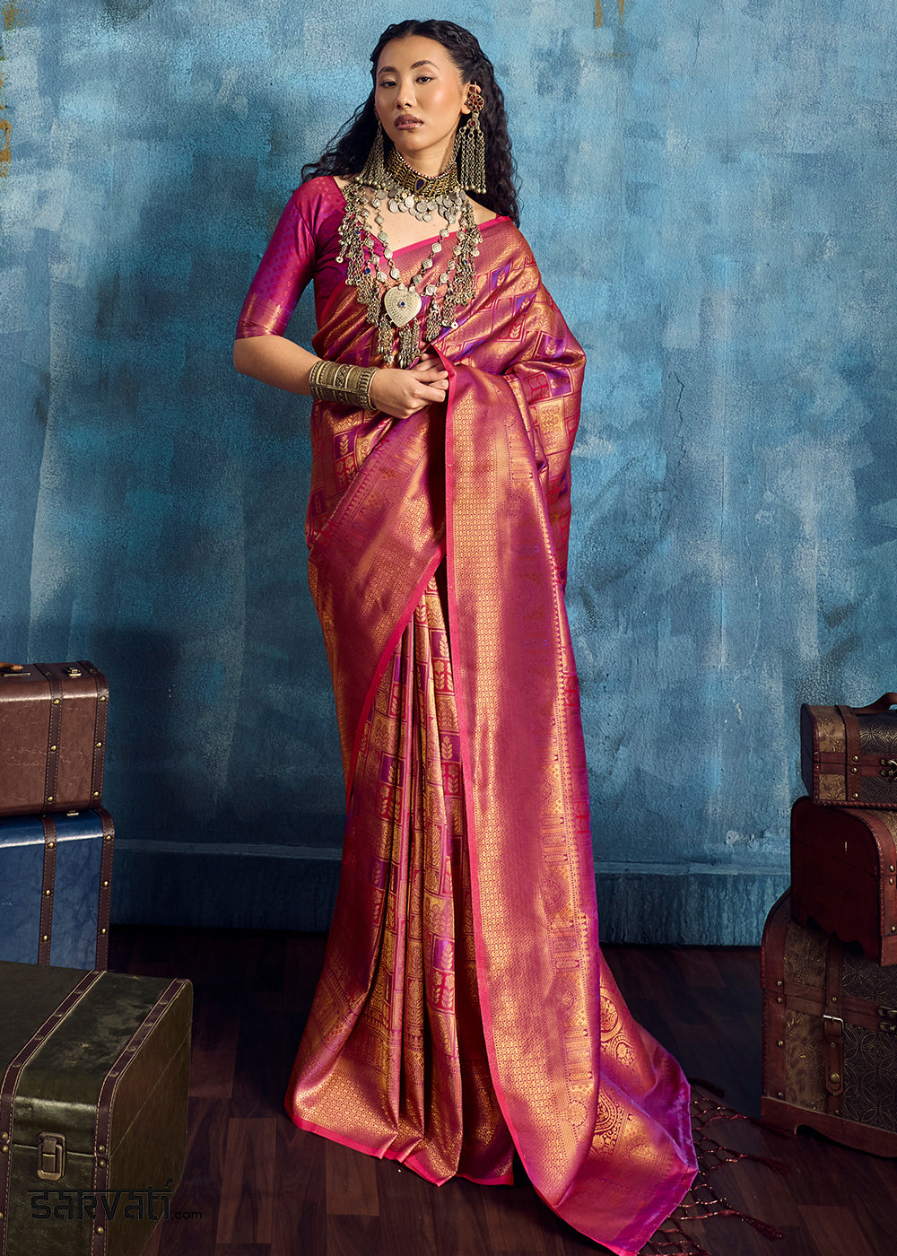 Rose Pink Handloom Weaving Silk Saree with Blouse