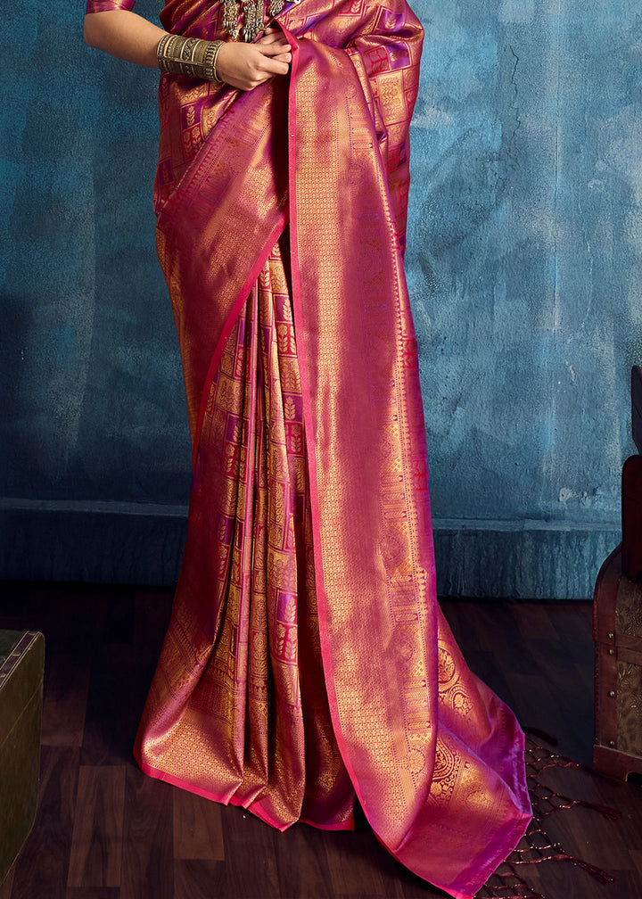 Rose Pink Handloom Weaving Silk Saree with Blouse