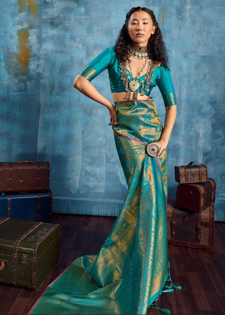 Sea Green Handloom Weaving Silk Saree with Blouse