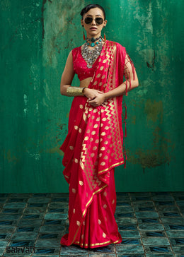 Geranium Red Satin Silk Saree with Woven Butti Accents