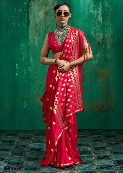 Geranium Red Satin Silk Saree with Woven Butti Accents