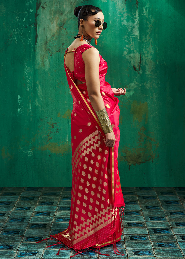 Geranium Red Satin Silk Saree with Woven Butti Accents