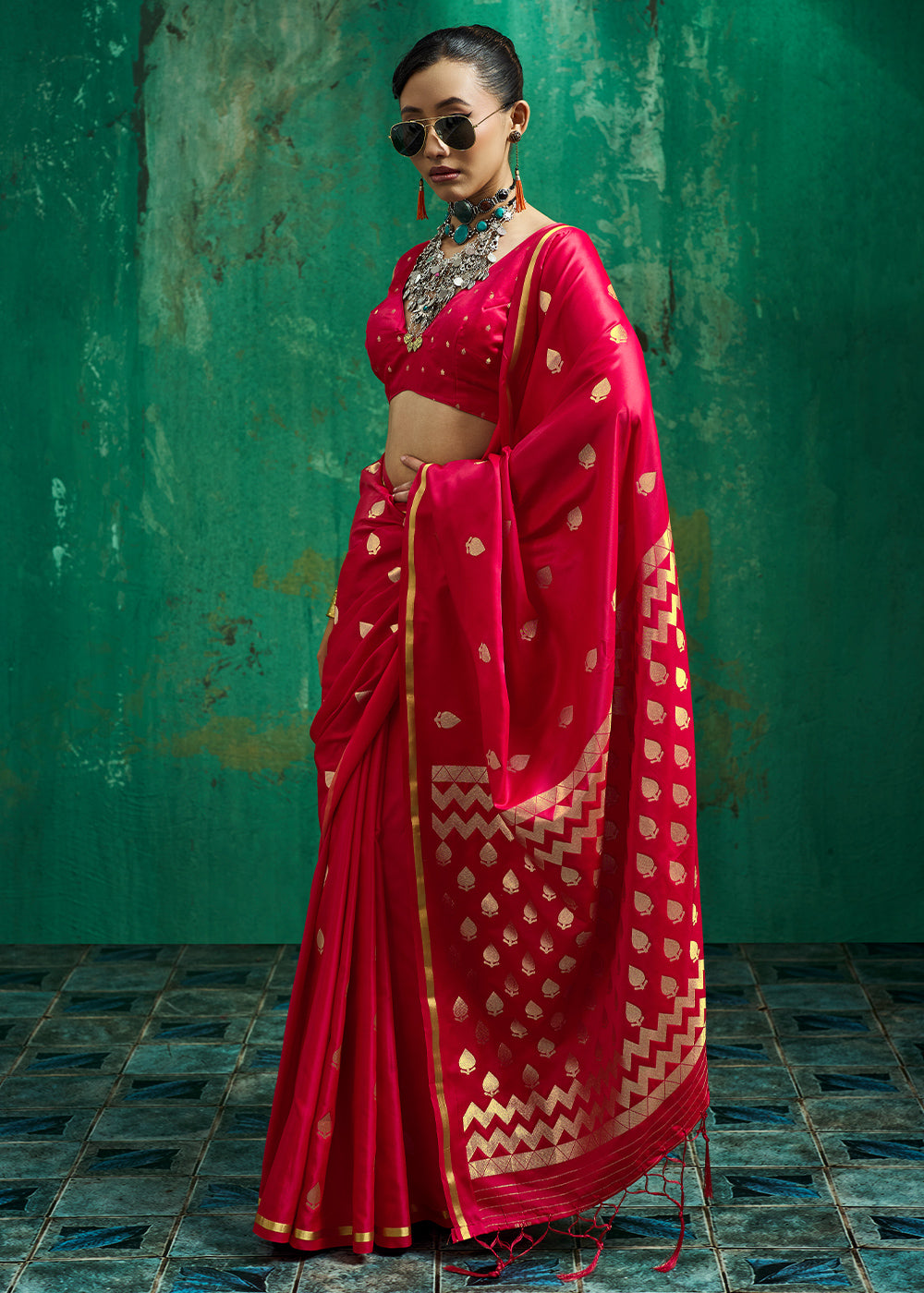 Geranium Red Satin Silk Saree with Woven Butti Accents