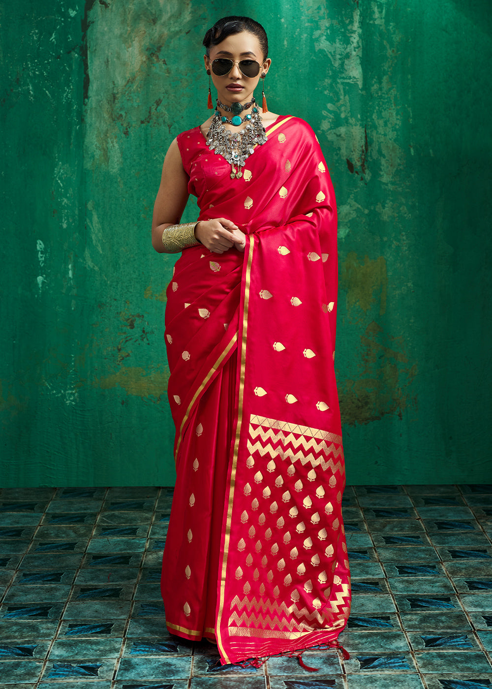 Geranium Red Satin Silk Saree with Woven Butti Accents