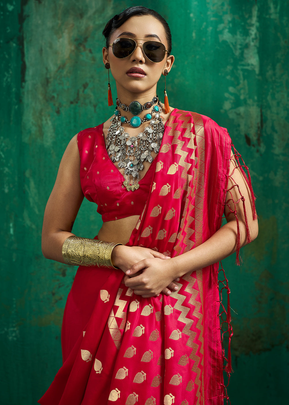 Geranium Red Satin Silk Saree with Woven Butti Accents